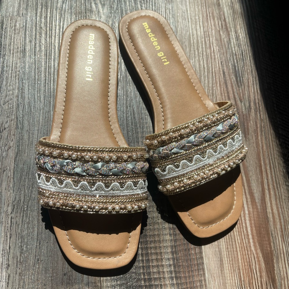 Madden Girl Brown Embellished Slide Sandals